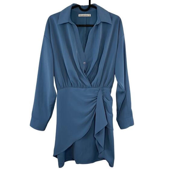 Abercrombie & Fitch Blue Long Sleeve Drapey Faux Wrap Shirt Dress Collar Size XS - Picture 1 of 7